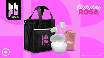 Outubro Rosa BH FM- Kit com: Uma lancheira e um copo coffee personalizados BH FM, mais um Fone de Ouvido Earbud Aiwa Bluetooth